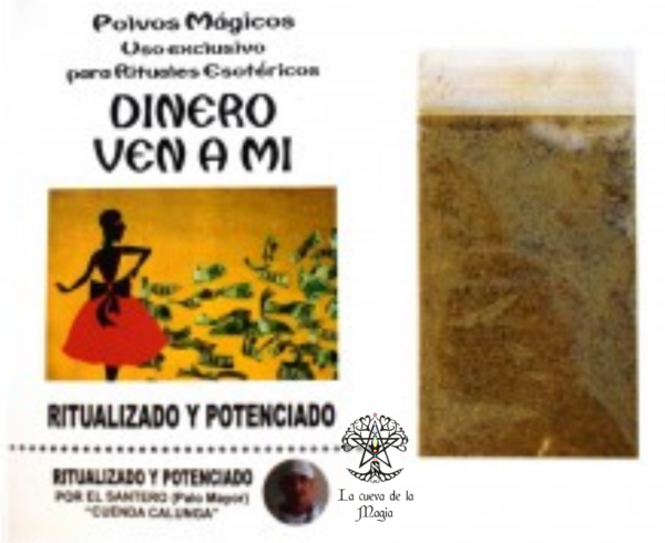 Polvos mágicos ritualizados.  Usos: Llevar en cartera, bolso, bolsillo, coche, mesita de noche, etc. Esparcirlos por los rincones de tu hogar o local. En tus rituales o hechizos. Quemar en sahumerio junto a resinas, hierbas o solo Esparcir en velas, altares... Ritualizado por el santero (Palo Mayor) "Cuenda Calunga" Incluye oración.